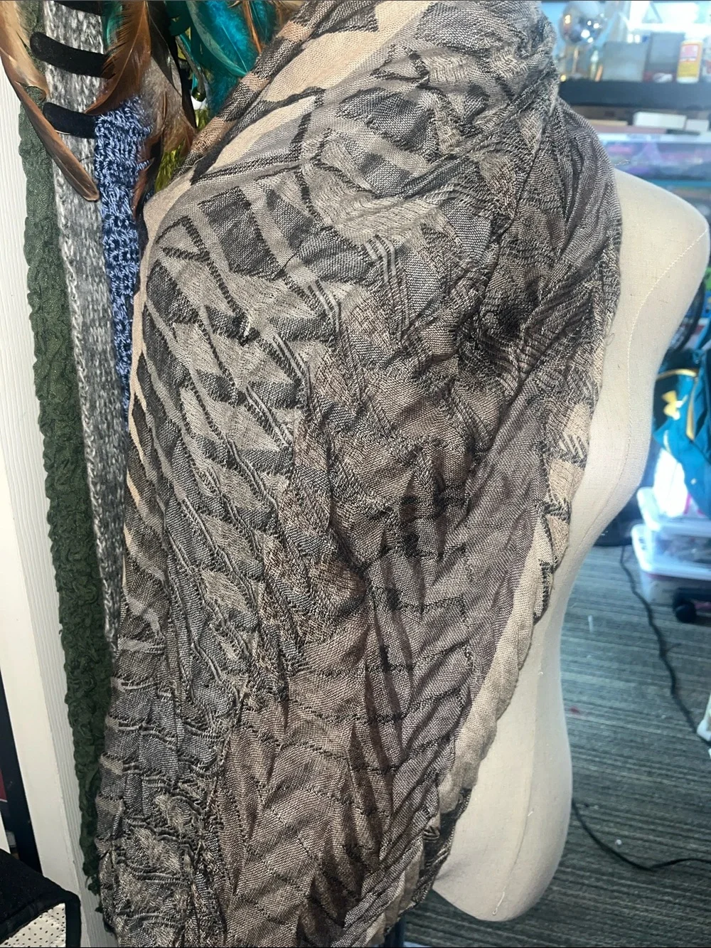 Neutral Black and Tan Patterned Infinity Scarf -S196
